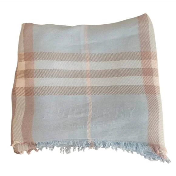 Burberry London 100% Cashmere Powder Blue Tan Cream Check Luxury Designer Scarf - Picture 3 of 5